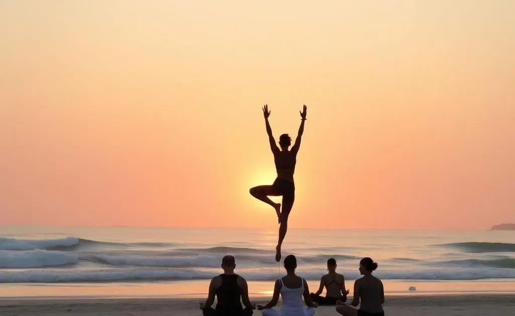 A yoga session on a beach during sunset, evoking peace and wellness