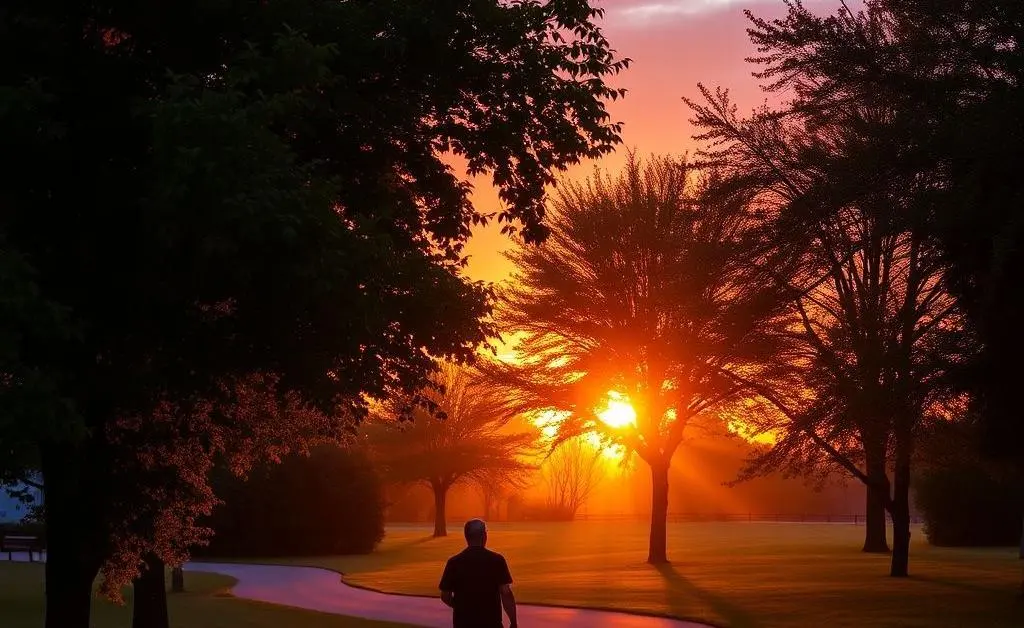 A person strolling through a park during sunset