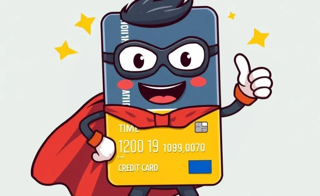 Depiction of a credit card as a superhero symbolizing its power.