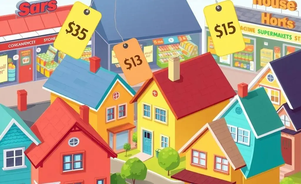A playful illustration of different houses with price tags influenced by their proximity to supermarkets.