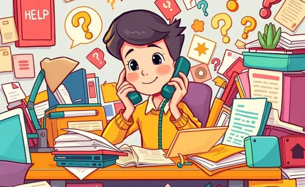 A cartoon-style image showing an individual making a phone call from a colorful, cluttered desk, with icons of support and question marks surrounding.