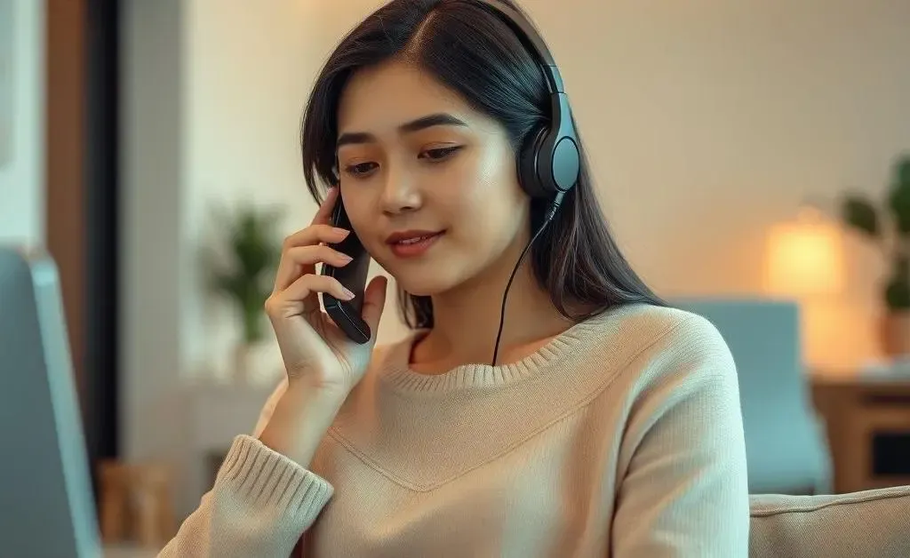 Friendly customer service representative talking on a phone with notes on troubleshooting.