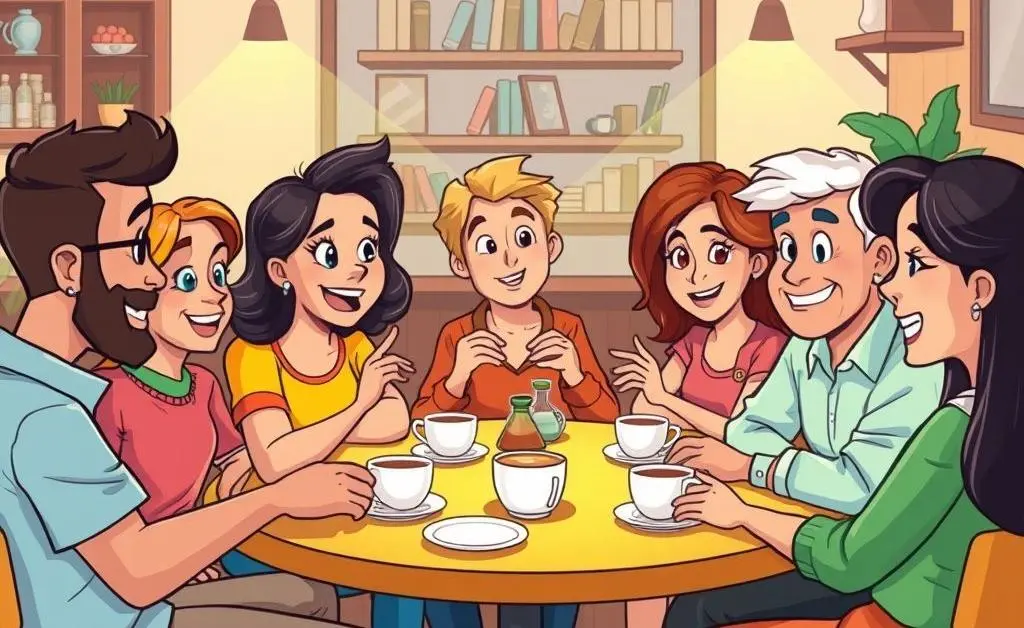 A cartoon-style group of friends or family having a discussion about healthcare challenges over coffee.
