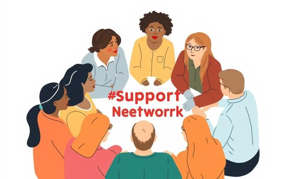 Illustration of a diverse group of people in a discussion circle, representing a support network.