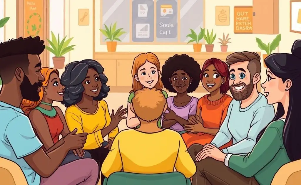 Cartoon-style image of people in a supportive group discussion