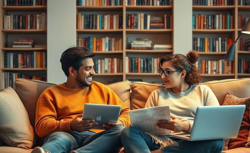 Two friends sitting on a couch discussing financial plans.