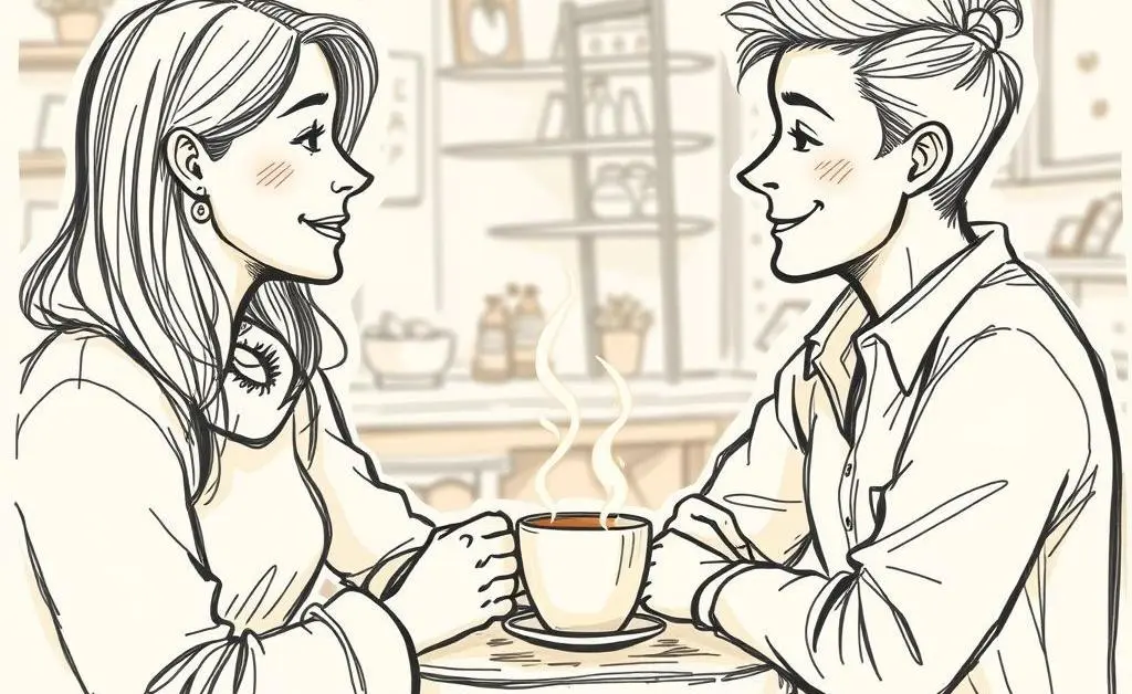 Two people talking over coffee, showing empathy and understanding
