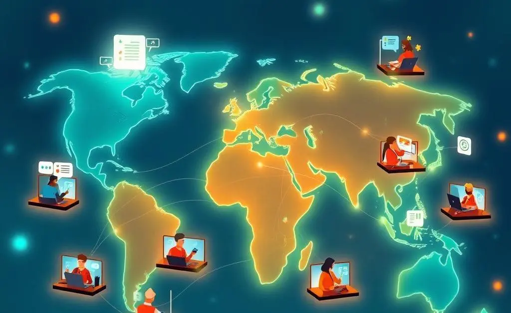 Illustration of a connected world, showing teams working together from various locations