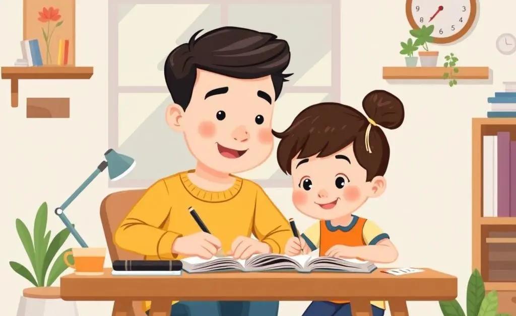 A cartoon-style parent and child studying together at a cozy home desk.