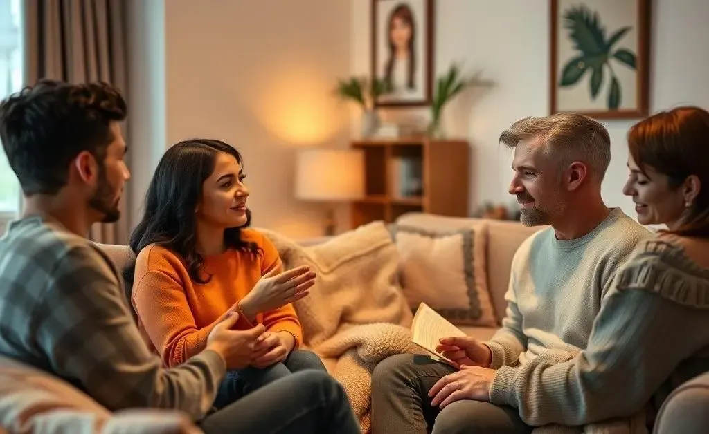 A small group discussing and offering support in a cozy setting.