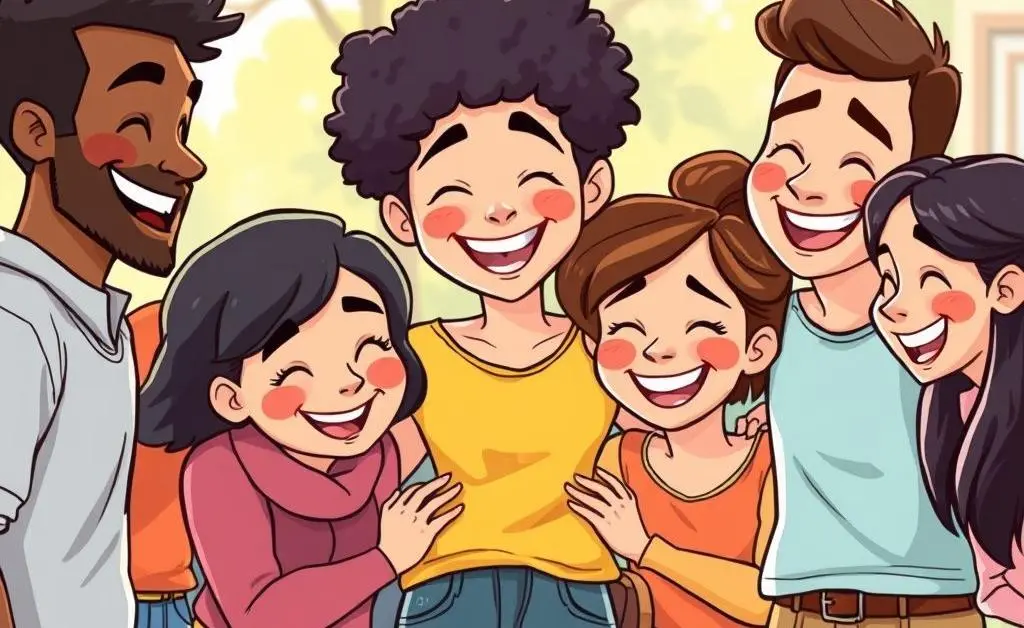 A group of friends gathered together, smiling and supporting each other.
