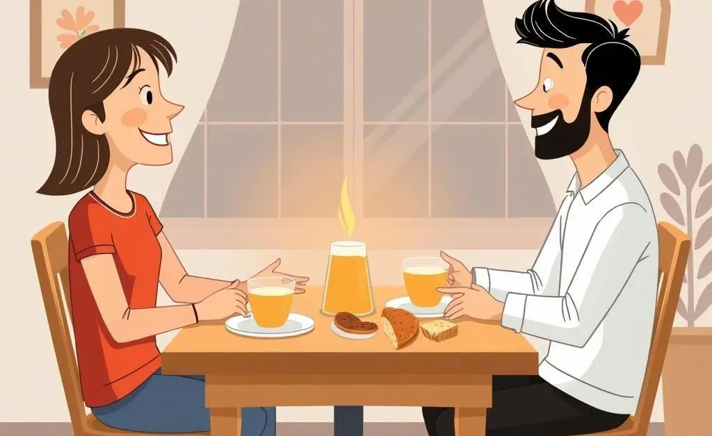 A warm, cartoon-style conversation between partners over a cozy breakfast table