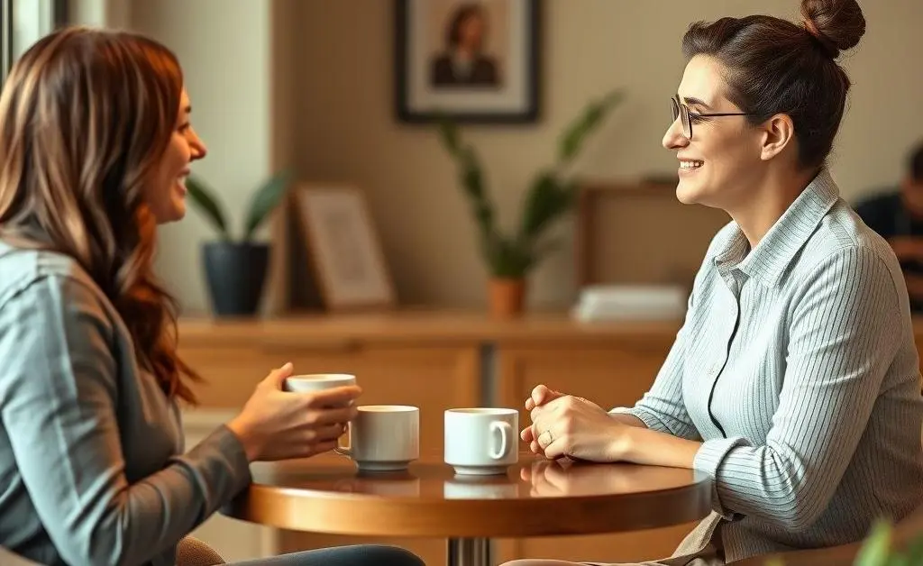 A warm scene with two people sitting over coffee, with one offering advice on finances