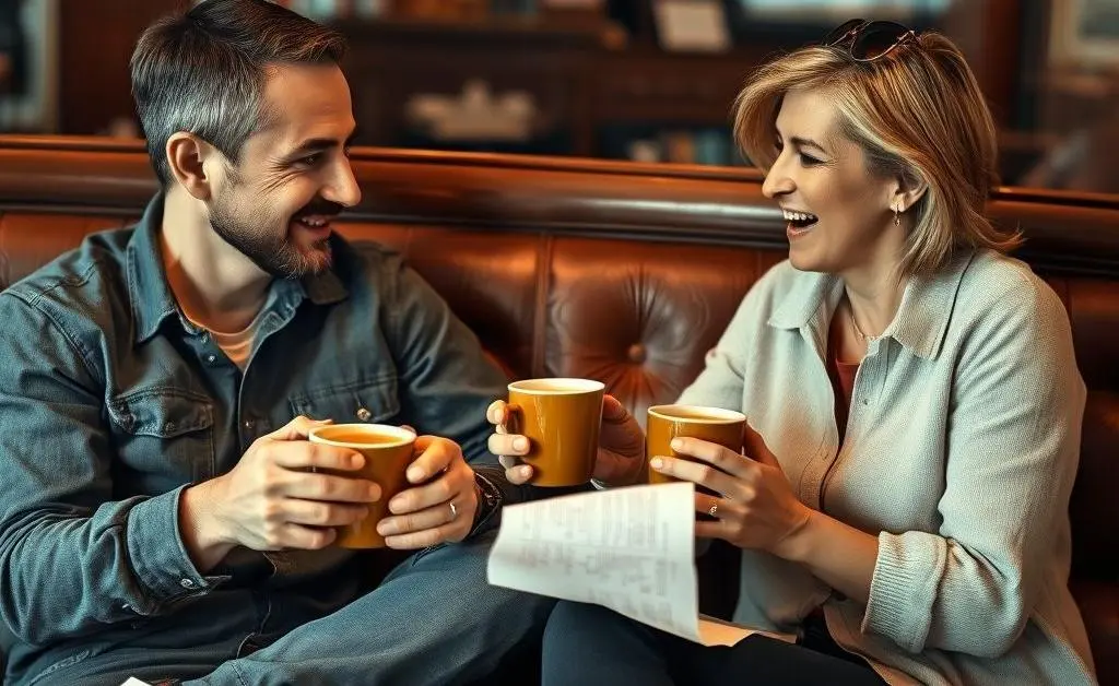 Two friends discussing finances over coffee.