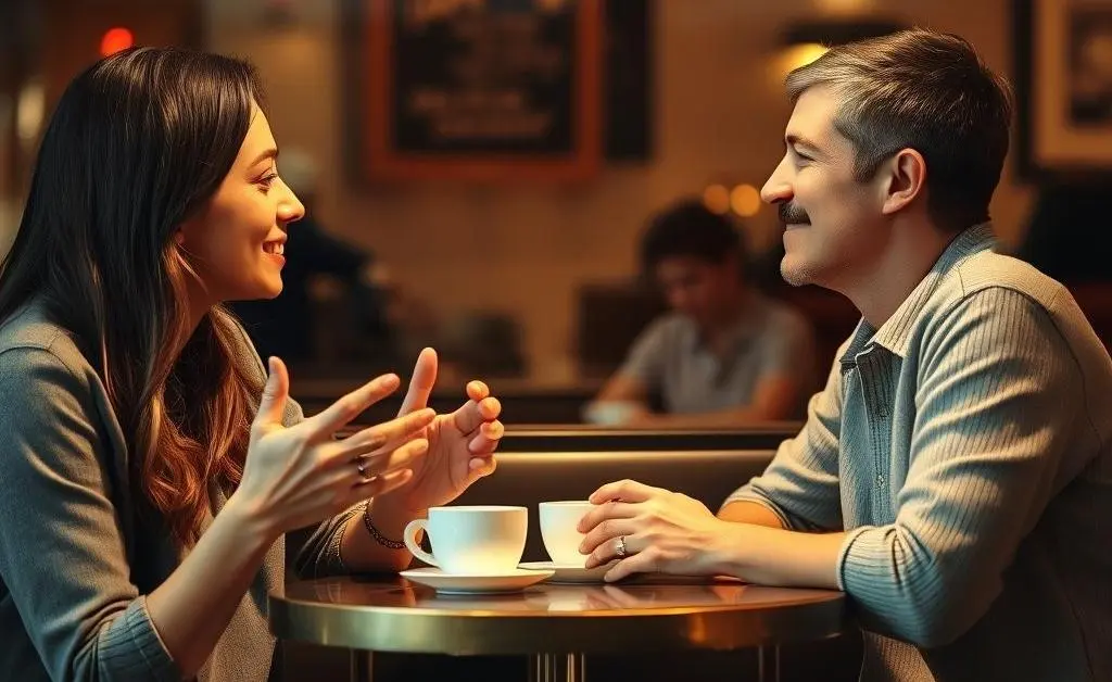 Two friends discussing over coffee in a supportive conversation