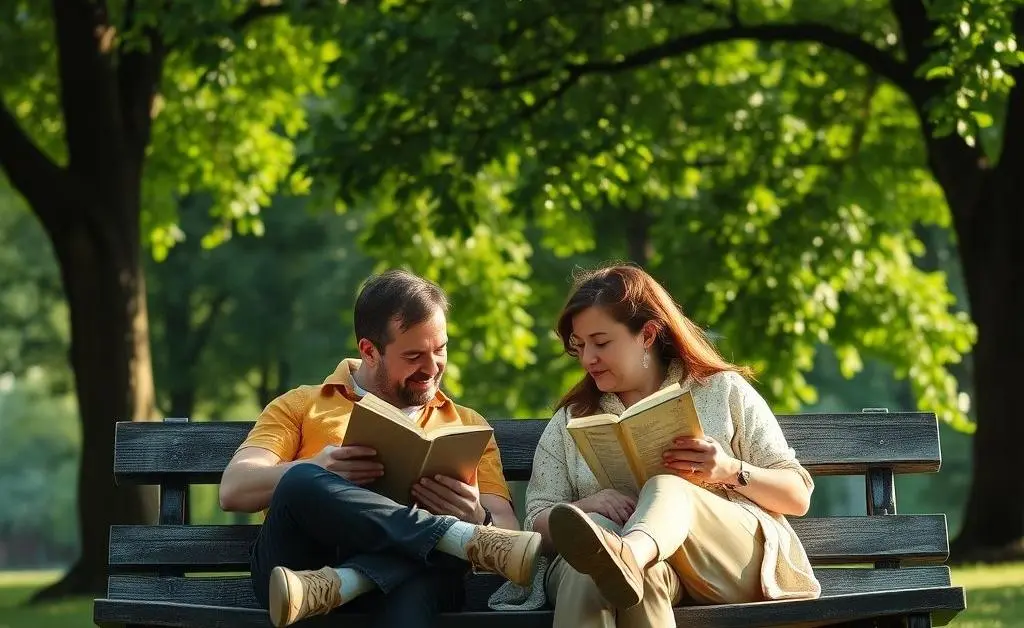 Two friends sitting on a park bench, deeply engaged in a heartfelt conversation