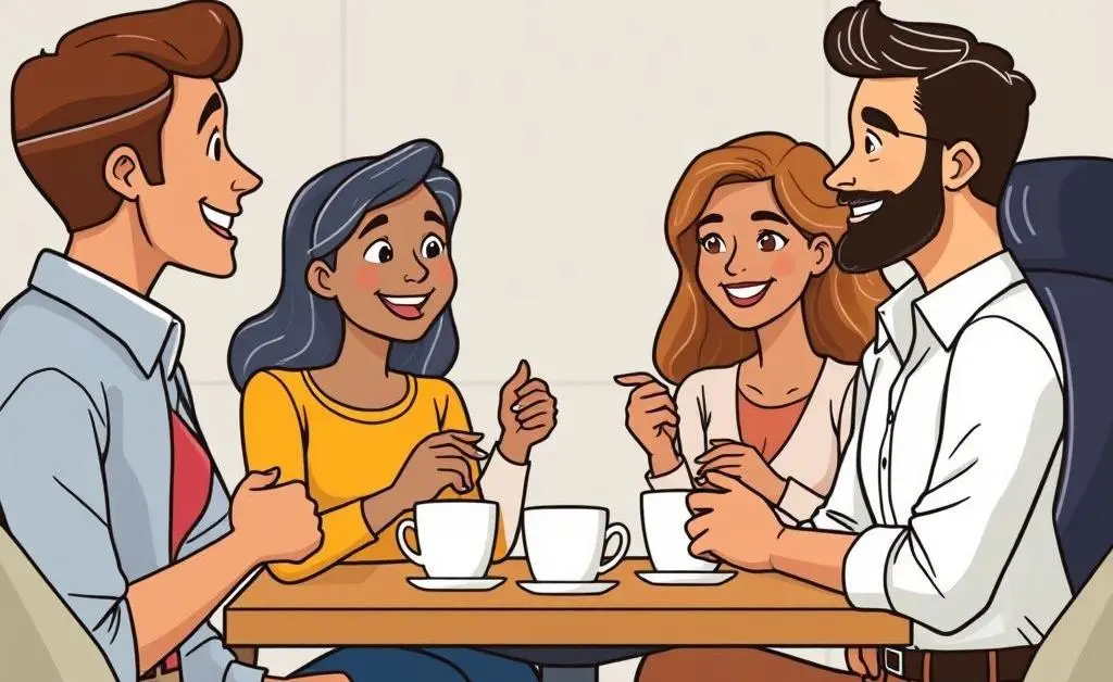 A group of coworkers having a friendly conversation over coffee.