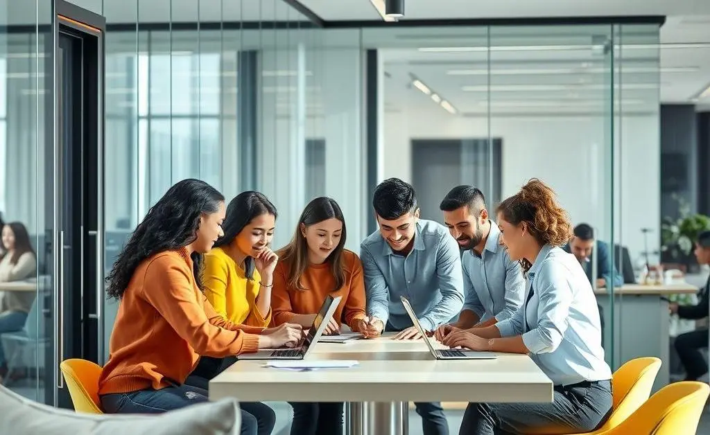 Coworkers helping each other in a modern office.