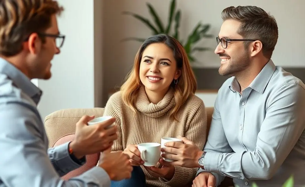 A couple having a warm discussion over coffee with a financial advisor.