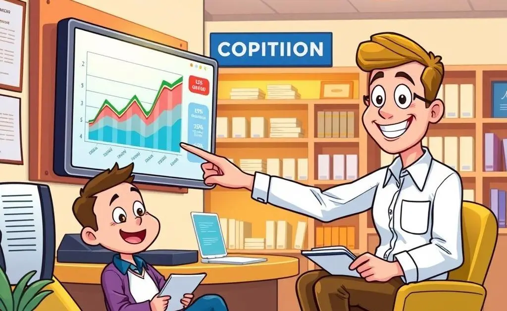 A cartoon-style financial advisor helping a member in a credit union