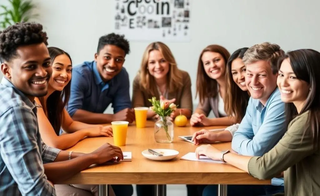 A diverse group of people around a table, representing supportive community.