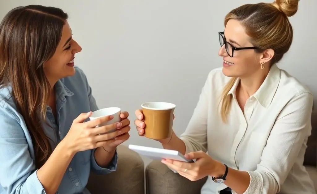 Two friends sharing coffee and discussing finances, with a calculator and papers.