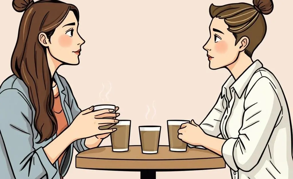 Two friends having a conversation over coffee, one looks supportive and the other looks pensive