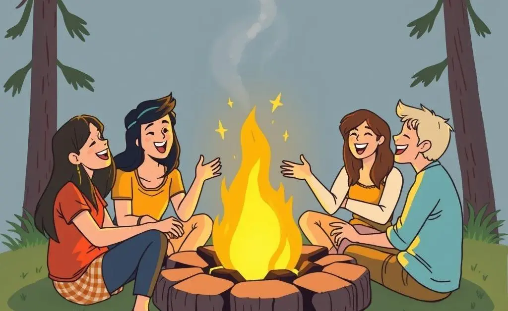 Illustration of friends gathered around a campfire, celebrating with laughter and warmth.