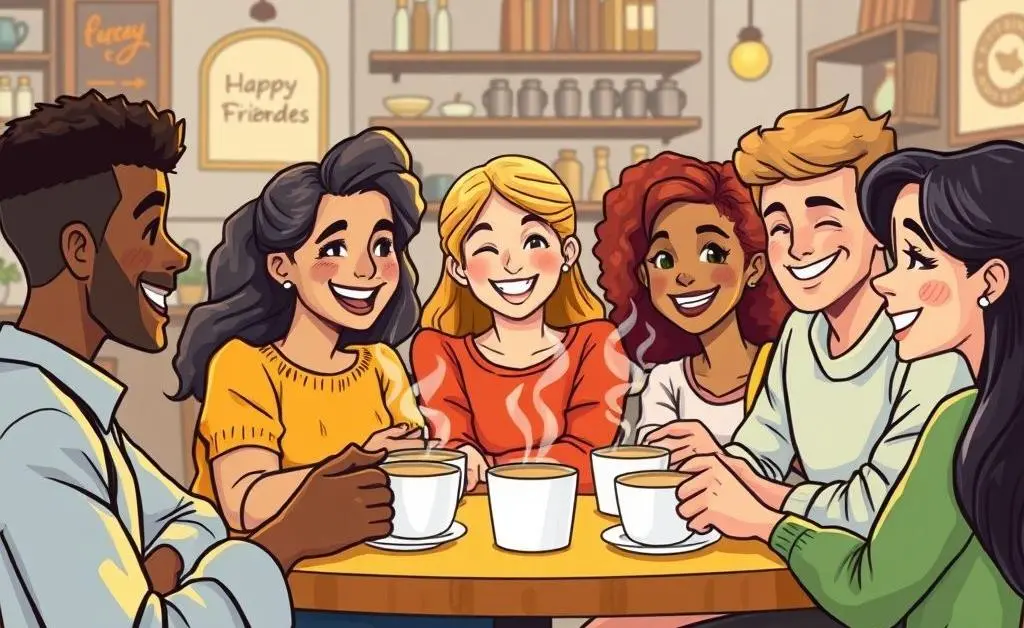 A group of friends giving moral support over coffee, cartoon-style