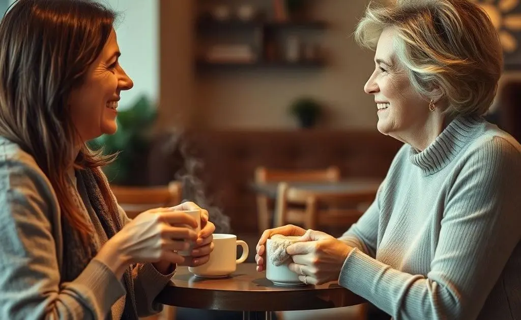 Two friends chatting over coffee, discussing healthcare options in a supportive manner.