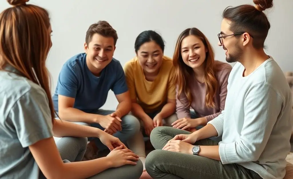 A small group of friends sitting in a circle, supporting each other in a warm environment.