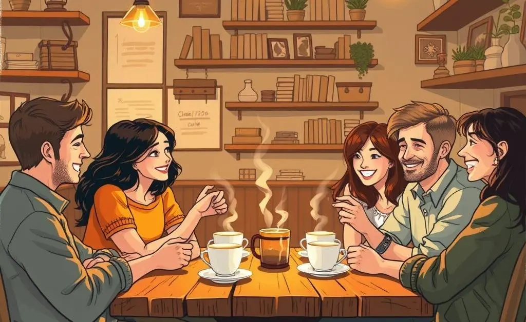 An illustration of friends sharing coffee and conversation in a warm cafe.