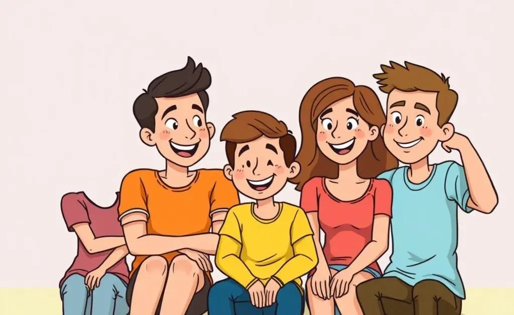 Cartoon-style image of a group of friends sitting together supportively