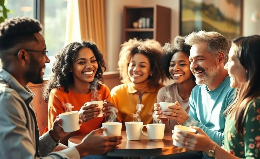 Group of friends enjoying tea and laughter, symbolizing support