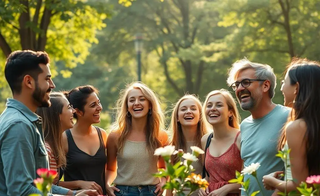 A group of supportive friends enjoying each other's company in a park.