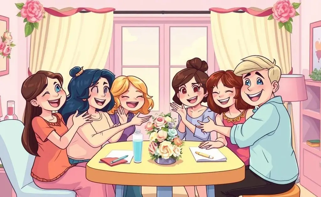 Cartoon-style image of supportive group of friends offering help and hugs around a wedding planning table.
