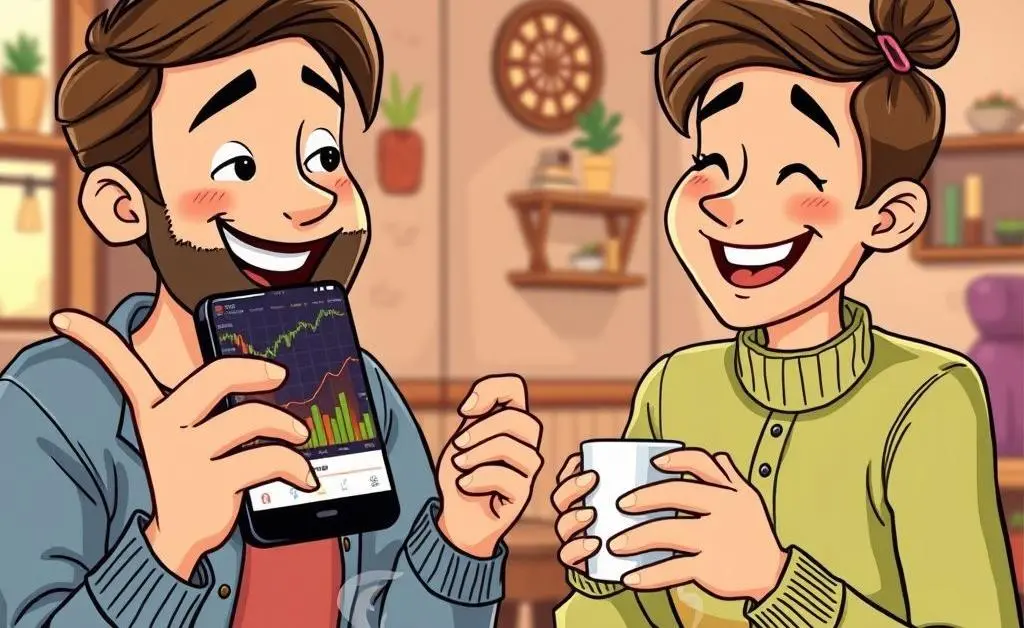 Two friends discussing stocks over coffee.