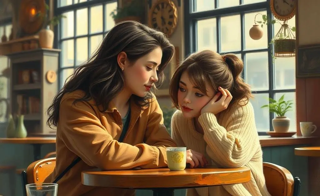 Two friends sitting together at a cafe, one offering support and understanding to the other.