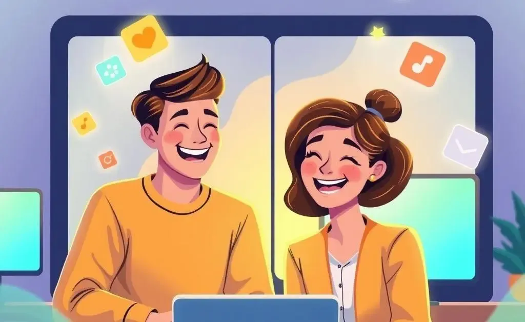 Illustration of two people smiling and engaging in a supportive online interaction.