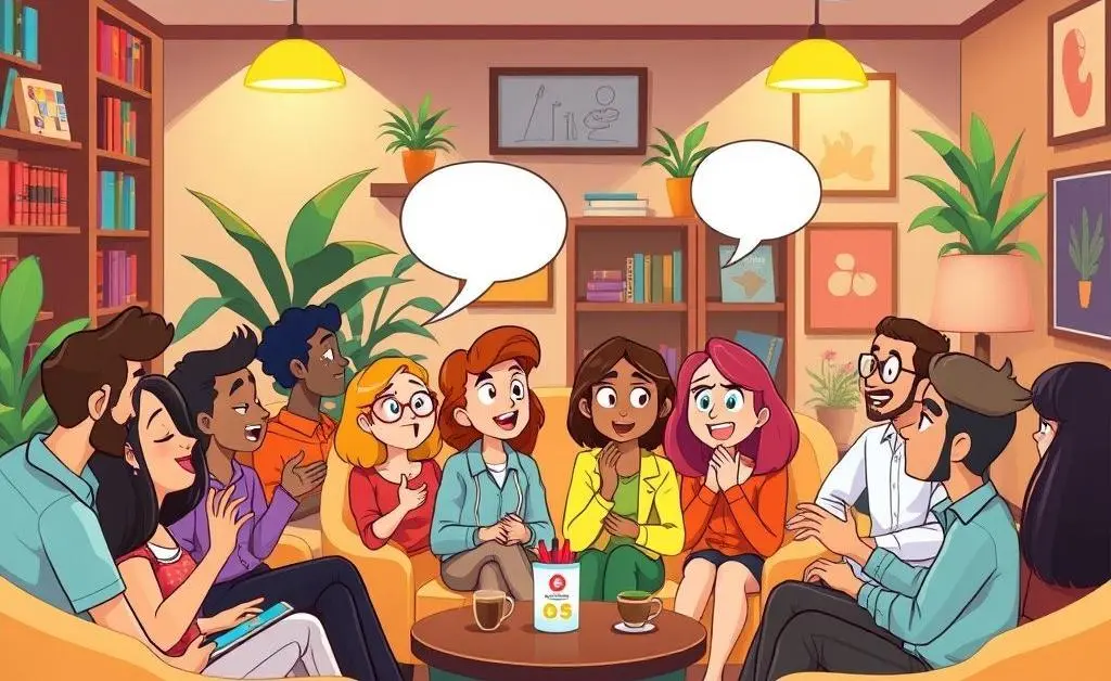 Cartoon characters in a cozy room having an engaging conversation, symbolizing networking