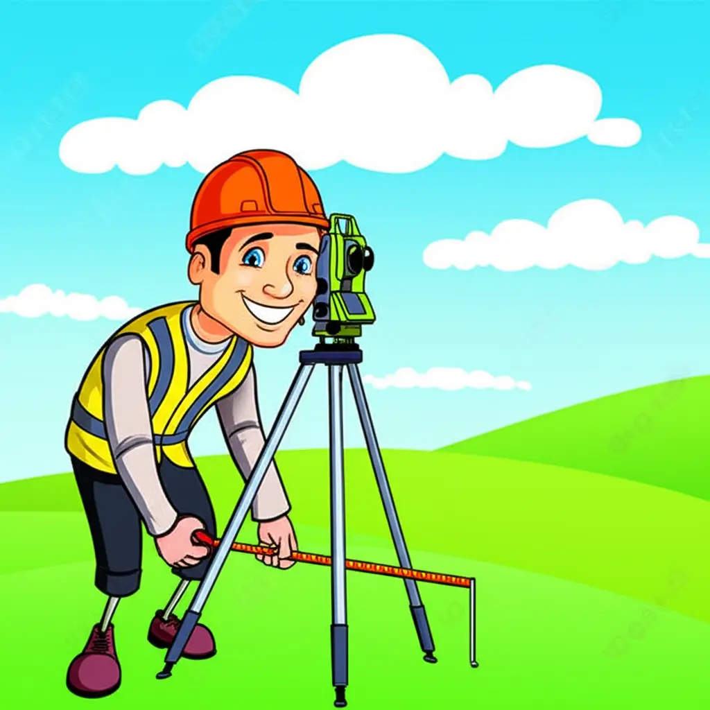 Cartoon-style image of a surveyor using tools to map out property lines.