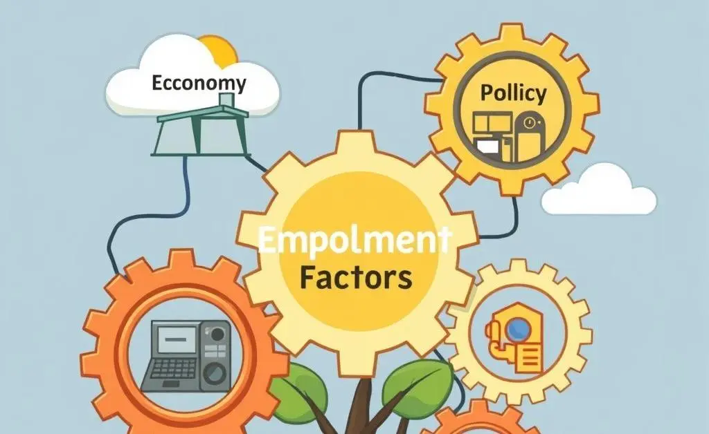 Factors contributing to sustainable employment illustrated as interconnected gears