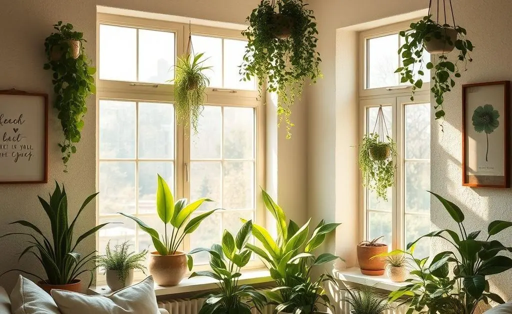 A peaceful living room with eco-friendly decor and a happy plant.