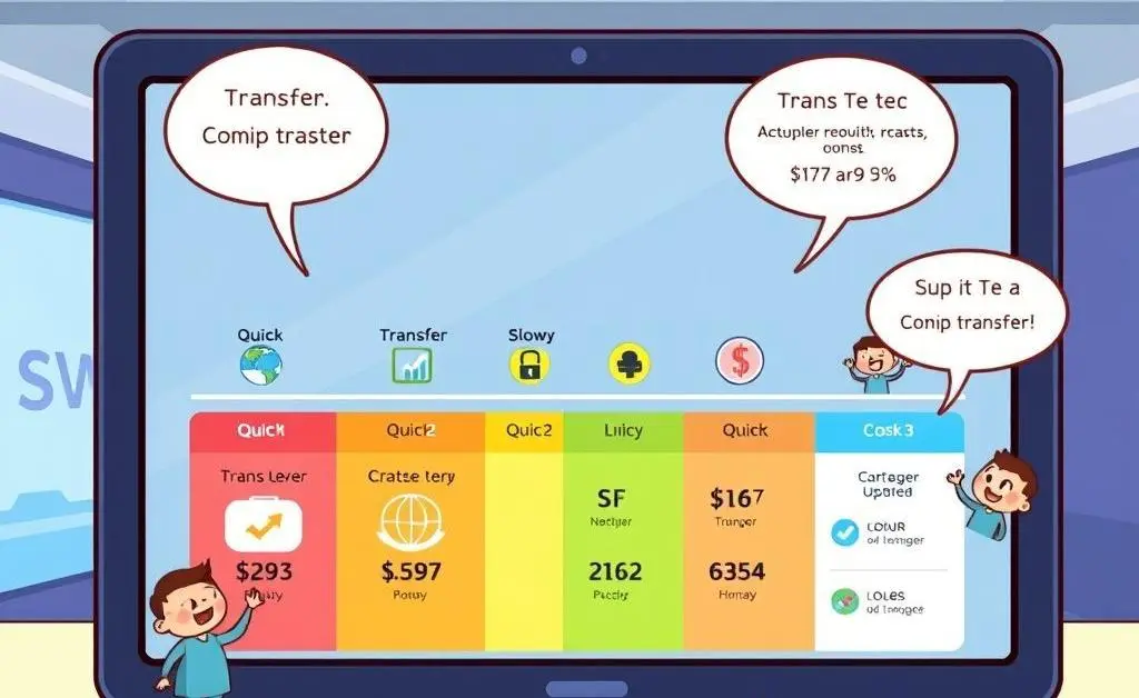 Cartoon depicting different SWIFT transfer options with timelines and costs