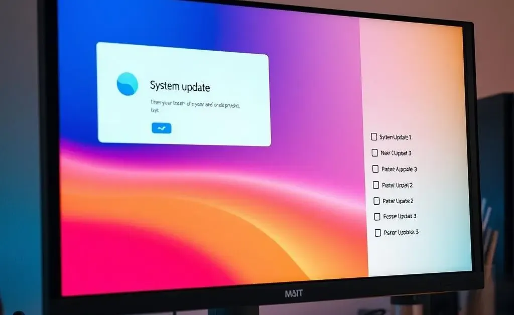 A landscape of a computer screen displaying a system update notification with a checklist beside it