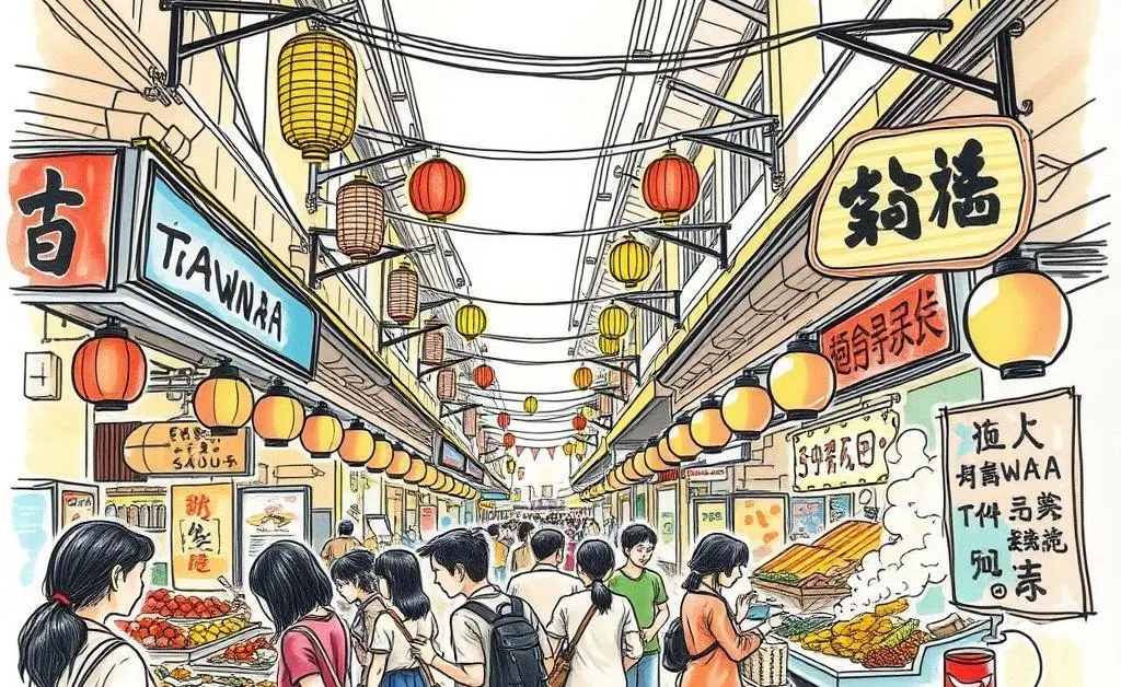 A hand-drawn image of a bustling Taiwanese street market with food stalls and people.