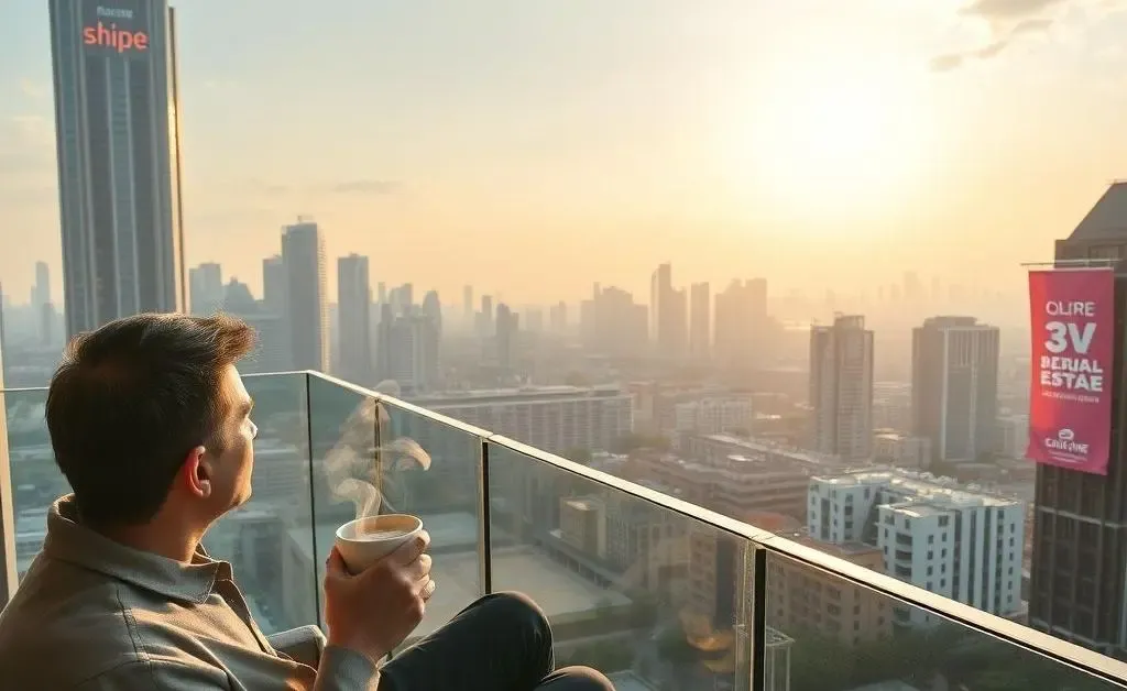 A person enjoying coffee on a balcony