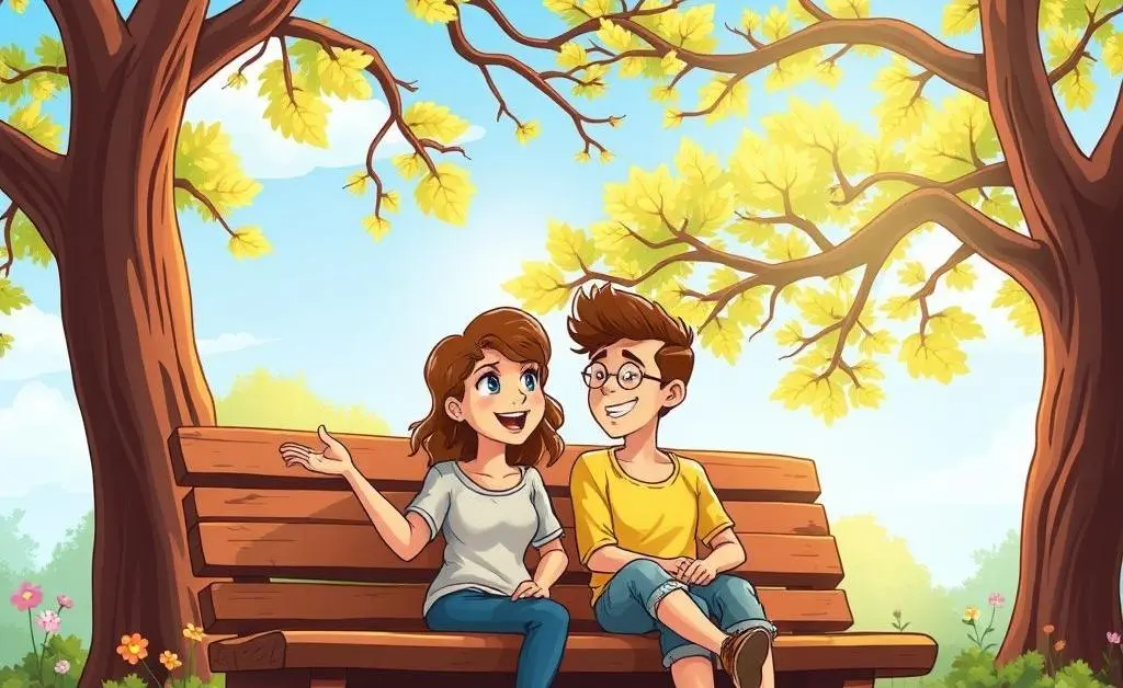 Friends having a conversation on a park bench