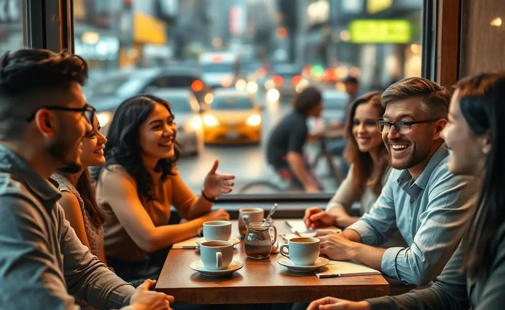People having a friendly conversation at a cafe discussing work.