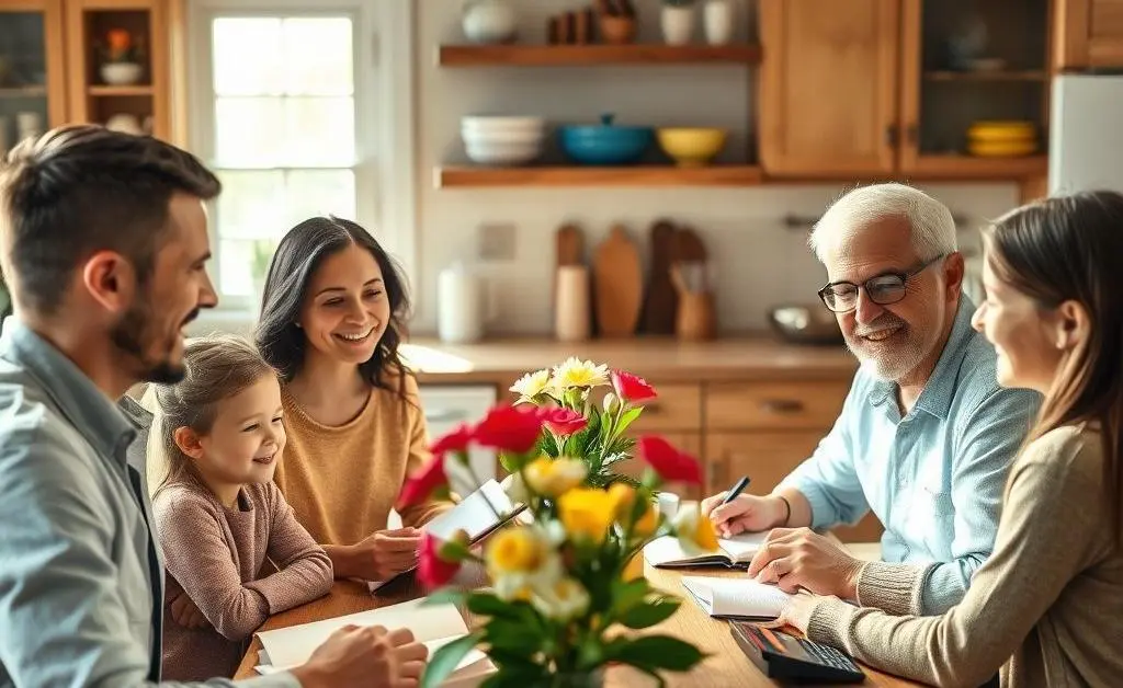 A family having a discussion about finances around a kitchen table.
